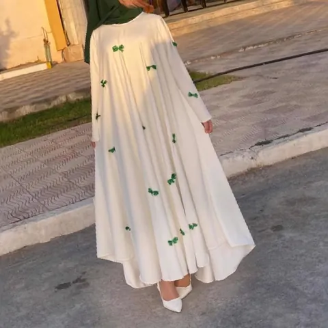 Women Plus Size Flare Sleeve Bow Knot Maxi Dress White Abaya Long Robe For Middle Eastern Islamic Ladies Casual Dress