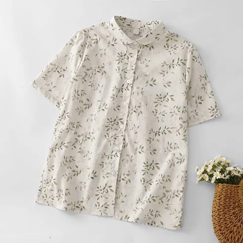 Women Casual Cotton Linen Peter Pan Collar Blouse Vintage Leaf Printed Short Sleeve Loose Button Down Shirt Summer Top