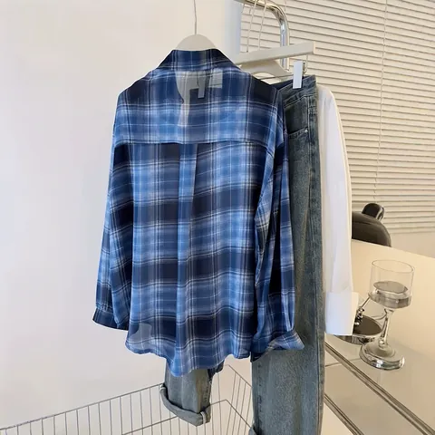 Women Plaid Shirt Chiffon Sun Protection Blouse Casual Loose Long Sleeve Lapel Button Up Top Checkered Pattern Outerwear