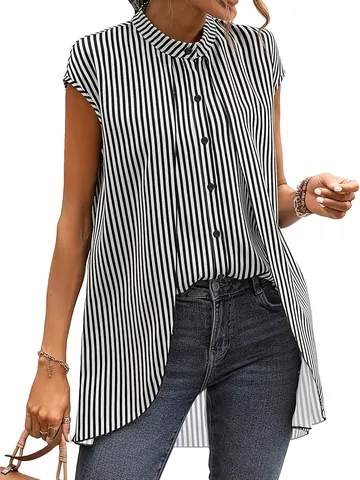 Damen Gestreift Mock Two-Piece Bluse Stehkragen Kurzarm Hemd Casual Locker Lang Tunika Top Für Den Alltag