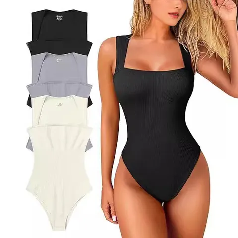 Women Sexy U Neck Sleeveless Bodysuit Ribbed Polyester Knit Slim Fit Tank Top Basic Solid Color One Piece Bodysuit Top