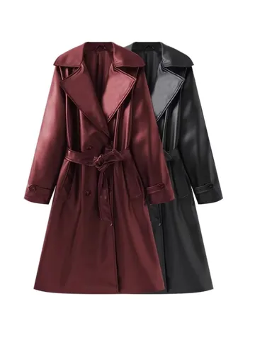 Women Fashion PU Artificial Leather Trench Coat Belted Lapel Long Jacket Solid Color Double Breasted Streetwear Outerwear
