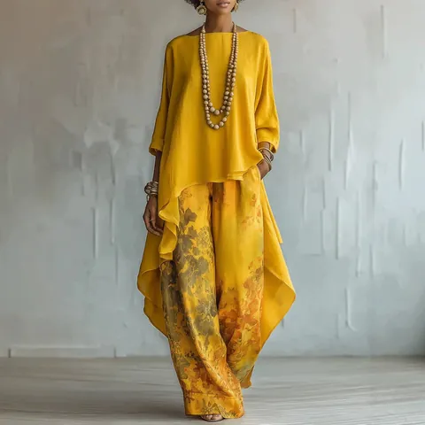 Completo Donna Casual in Poliestere Elastan Top And Bottom Top Asimmetrico e Pantaloni a Gamba Larga Stampa Floreale