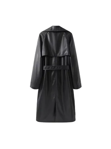 Women Fashion PU Artificial Leather Trench Coat Belted Lapel Long Jacket Solid Color Double Breasted Streetwear Outerwear