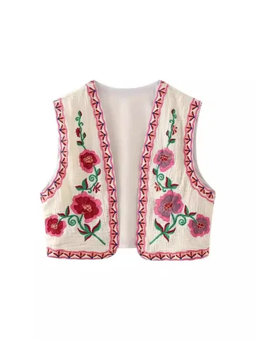 Women's Fashion Embroidered Vest Top Casual Sleeveless Floral Pattern V-Neck Short Outerwear Vest For Spring Summer