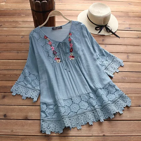 Women Cotton Linen Lace Splicing V-Neck Top Boho Floral Embroidery Loose Summer Blouse Casual Elegant Short Sleeve Shirt