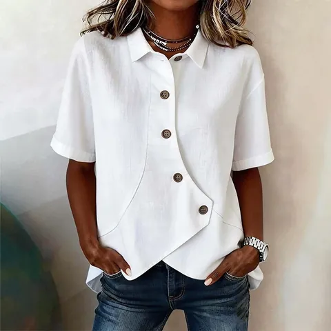 Camicia Donna Casual Tinta Unita Orlo Irregolare Blusa Cotone Asimmetrica Bottoni Manica Corta Stile Europeo Top Relaxed