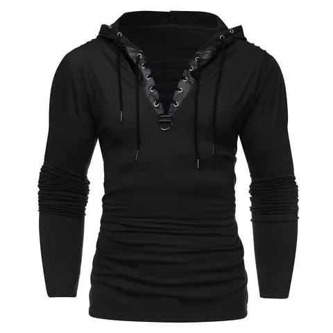 Felpa con Cappuccio Gotica Vintage da Uomo Punk Patchwork Ecopelle Cinturini Stringati Manica Lunga Slim Fit Top