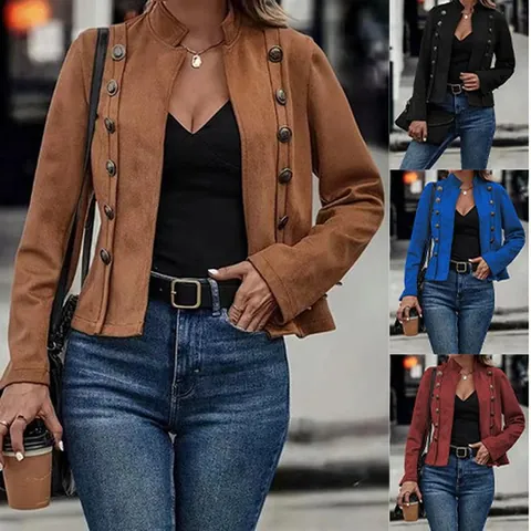 Damen Vintage Wildlederimitat Jacke Elegant Slim Fit Stehkragen Langarm Zweireihig Metallknopf Dekorative Oberbekleidung