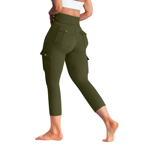 Women's High Waist Cargo Yoga Pants With Pockets Butt Lifting Tight Gym Leggings Quick Dry Sports Bottom Polyester Fitness Pants