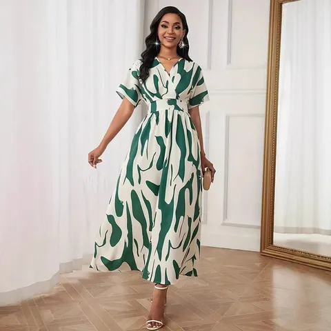 Women's Elegant Floral Print Maxi Dress V Neck Short Sleeve High Waist A-Line Long Dress For Summer Party Vacation Daily Wear