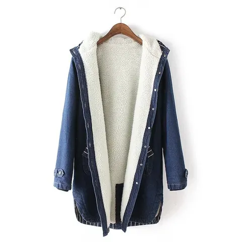 Women Mid-Length Hooded Denim Parka Fleece Lined Sherpa Jacket Winter Thickened Washed Single Breasted Warm Cotton Padded Coat