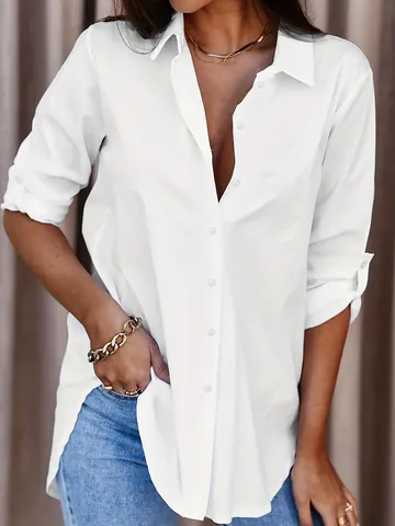 Women's Elegant Solid Color Long Sleeve Blouse Mid-Length Lapel Button Down Polyester Shirt Office Daily Casual Top