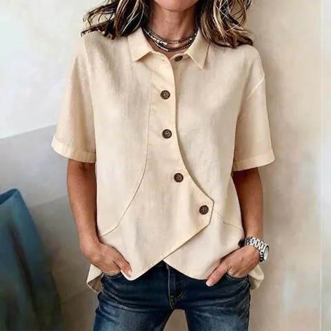Camicia Donna Casual Tinta Unita Orlo Irregolare Blusa Cotone Asimmetrica Bottoni Manica Corta Stile Europeo Top Relaxed
