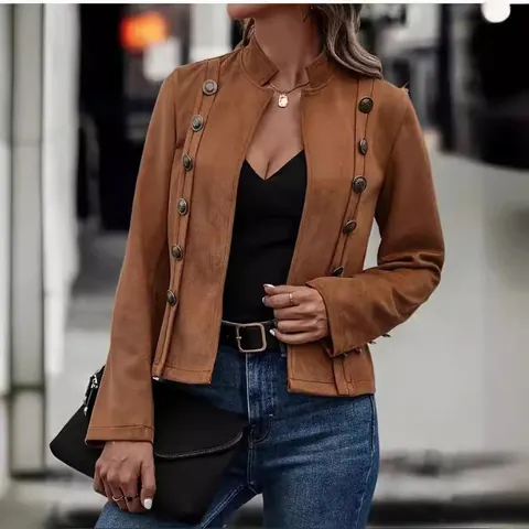 Damen Vintage Wildlederimitat Jacke Elegant Slim Fit Stehkragen Langarm Zweireihig Metallknopf Dekorative Oberbekleidung