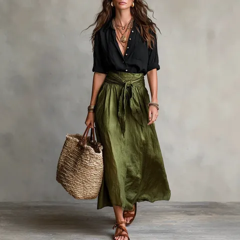 Women's Casual Fashion Two Piece Set Contrast Color Shirt and Long Skirt Top And Bottom Boho Vacation Spring Summer Outfit