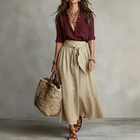 Women's Casual Fashion Two Piece Set Contrast Color Shirt and Long Skirt Top And Bottom Boho Vacation Spring Summer Outfit
