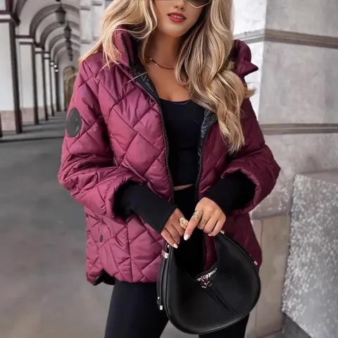 Women's Diamond Quilted Hooded Padded Coat Autumn Winter Loose Warm Jacket Solid Color Long Sleeve Zipper Puffer Jacket
