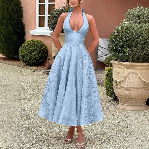 Women Halter V-Neck Jacquard Dress Elegant Backless Big Swing Evening Gown Sleeveless A-Line Midi Dress For Banquet Party