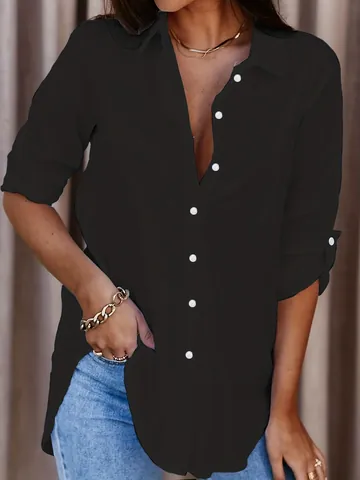 Women's Elegant Solid Color Long Sleeve Blouse Mid-Length Lapel Button Down Polyester Shirt Office Daily Casual Top
