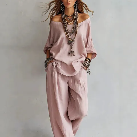 Women Casual Summer Top And Bottom Set Solid Color Boat Neck 3/4 Sleeve Top And Wide Leg Pants Polyester Loungewear