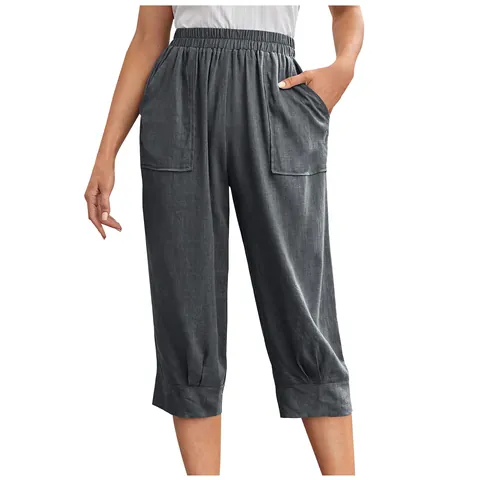 Women Casual Cotton Linen Blend Casual Pants Elastic Waist Loose Straight Leg Capri Trousers With Big Pockets