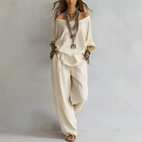 Women Casual Summer Top And Bottom Set Solid Color Boat Neck 3/4 Sleeve Top And Wide Leg Pants Polyester Loungewear