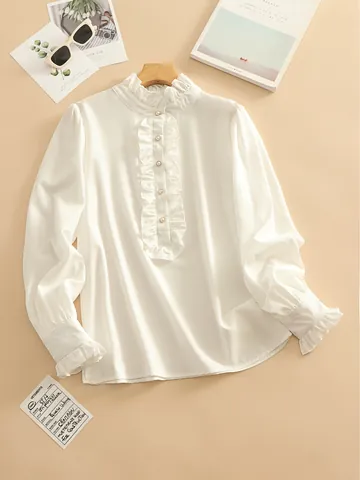 Women Elegant Ruffle Collar Long Sleeve Blouse Solid Color Office Top Decorative Pearl Button Polyester Shirt For Ladies
