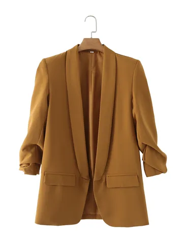 Women Ruched Sleeve Blazer Open Front Shawl Collar Mid Length Casual Slim Fit Jacket Solid Color Spring Autumn Outerwear Top