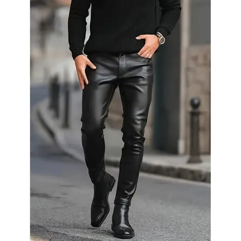 Men's Slim Fit PU Leather Pants Windproof Outdoor Cycling Faux Leather Trousers Solid Color Mid Waist Straight Leg Biker Style