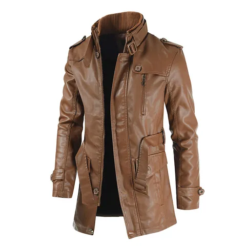 Men Mid-length Polyester PU Leather Trench Coat Korean Slim Fit Stand Collar Jacket Plus Size Fashion Business Casual Top