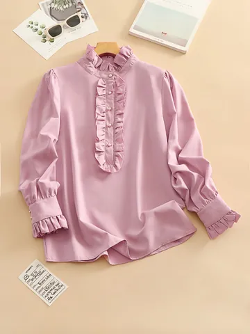 Women Elegant Ruffle Collar Long Sleeve Blouse Solid Color Office Top Decorative Pearl Button Polyester Shirt For Ladies