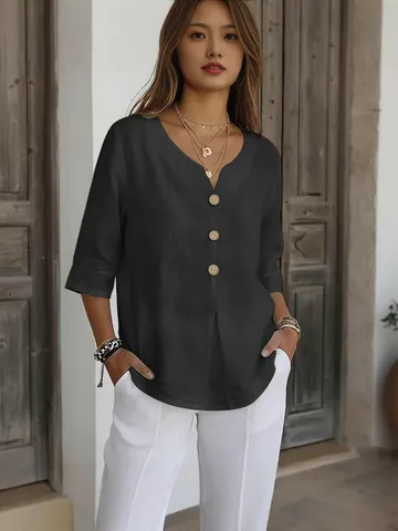 Women Casual Solid Color V Neck Blouse Button Up 3/4 Sleeve Cotton Polyester Shirt Loose Summer Top For Women Clothes