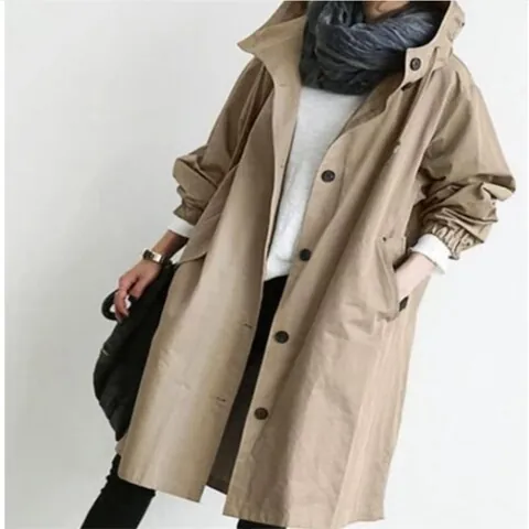 Trench-Coat à Capuche Mi-Long pour Femme Mélange Coton Polyester Décontracté Taille Cintré Double Boutonnage Veste Coupe-Vent