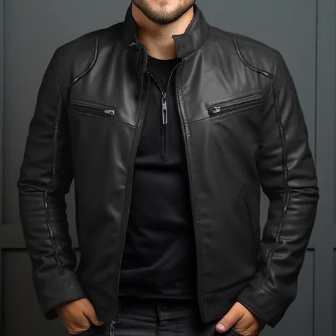 Veste en Cuir PU Coupe Ajustée pour Hommes Doublée Polaire Col Montant Coupe-vent Manteau pour Automne Hiver Décontracté