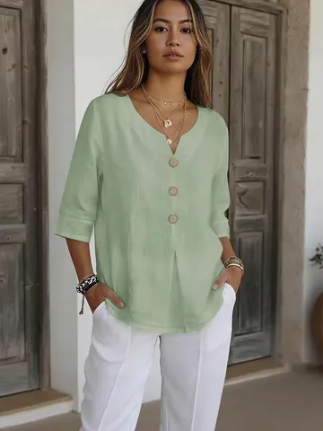 Women Casual Solid Color V Neck Blouse Button Up 3/4 Sleeve Cotton Polyester Shirt Loose Summer Top For Women Clothes