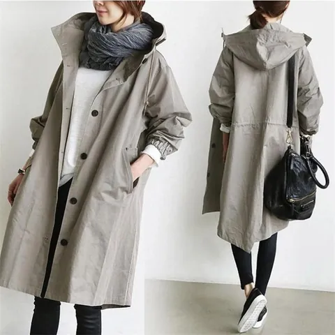 Trench-Coat à Capuche Mi-Long pour Femme Mélange Coton Polyester Décontracté Taille Cintré Double Boutonnage Veste Coupe-Vent