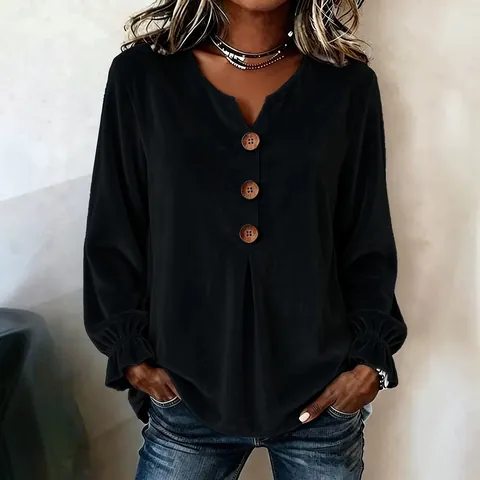 Women V Neck Velvet Blouse Long Bell Sleeve Button Up Casual Shirt Solid Color Fashion Elegant Top Fall Autumn Clothing