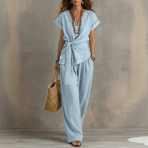 Set Coordinato Donna Minimalista Scollo a V Con Cintura e Pantaloni a Gamba Larga Elegante Tessuto Tinta Unita Completo Casual