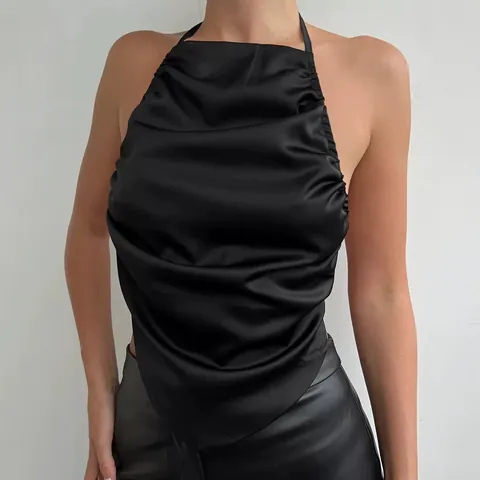 Women Sexy Halter Neck Backless Top Leopard Print Irregular Hem Satin Texture Camisole Polyester Sleeveless Streetwear Top