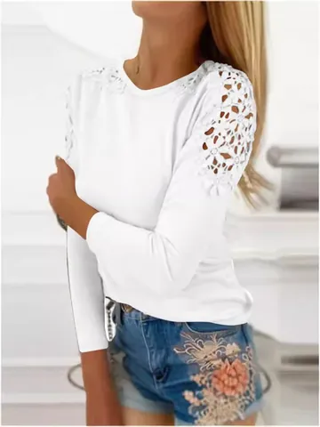 T-Shirt da Donna in Maglia Slim Fit Pizzo Traforato Manica Lunga Girocollo Tinta Unita Elegante Dolce Casual Pullover