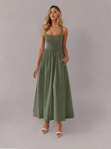 Women Adjustable Spaghetti Straps Smocked Cami Maxi Dress With Pockets Polyester A-Line Casual Sleeveless Summer Sun Dress
