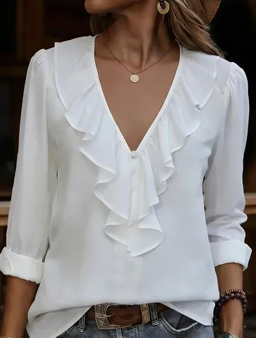 Women V Neck Ruffle Long Sleeve Blouse Elegant Solid Color Woven Polyester Shirt Casual Loose Top Office Lady Clothing
