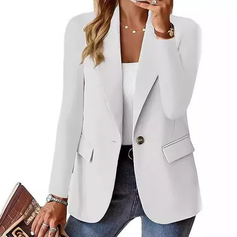 Women Casual Blazer Jacket Long Sleeve Solid Color Single Button Office Lapel Suit Outerwear Slim Fit Blazer