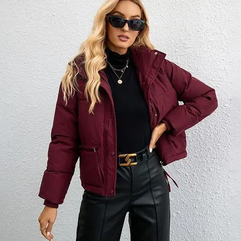 Women Short Puffer Jacket Stand Collar Loose Fit Winter Warm Padded Coat Polyester Down Cotton Quilted Bread Jacket Outerwear
