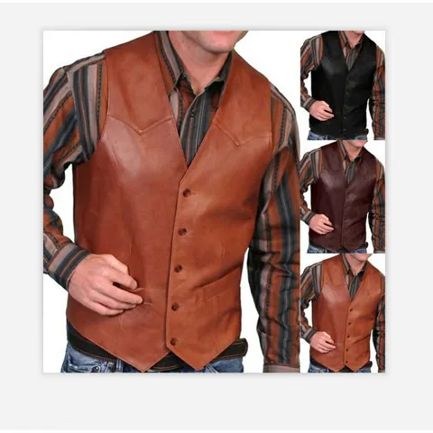 Vintage Men's Horsehide Leather Vest Single Breasted V Neck Waistcoat Retro Motorcycle Leather Jacket Sleeveless Top For Men