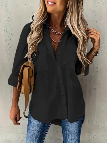 Dames Plus Size Polyester Lange Mouw Revers Shirt Losse Blouse Met Zakken Effen Landschap Casual Top