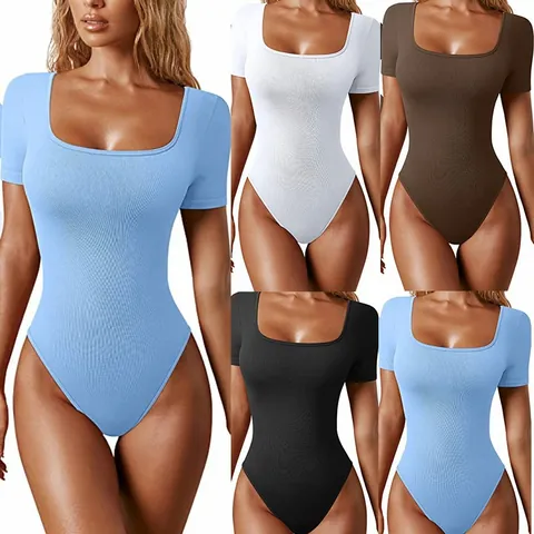 Women Ribbed Square Neck Short Sleeve Bodysuit Polyester Knitted Slim Fit Solid Color Romper Summer Casual Basic Body Top