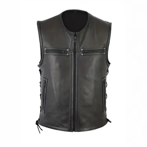Men Motorcycle Genuine Horsehide Leather Vest Punk Rivet Side Lace Up Zipper Sleeveless Jacket Loose Biker Club Riding Top