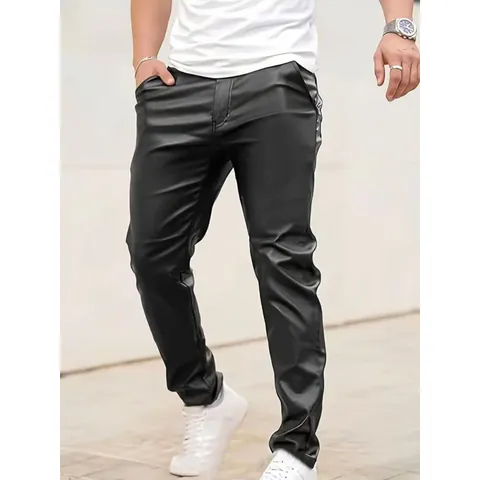 Men's PU Leather Moto Pants Slim Fit Solid Color Black Casual Faux Leather Trousers For Streetwear Motorcycle Biker Fashion Bottom